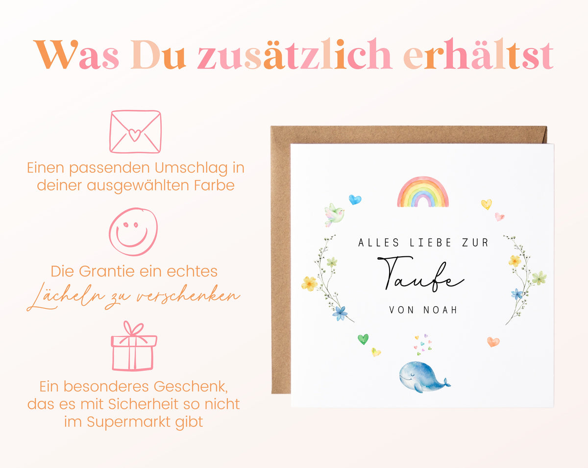 Personalisierbare Taufkarte – Regenbogen und Wal – Kartenansicht