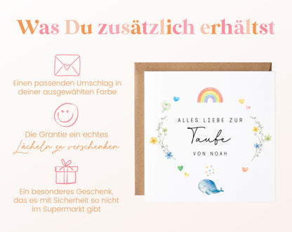 Personalisierbare Taufkarte – Regenbogen und Wal – Kartenansicht