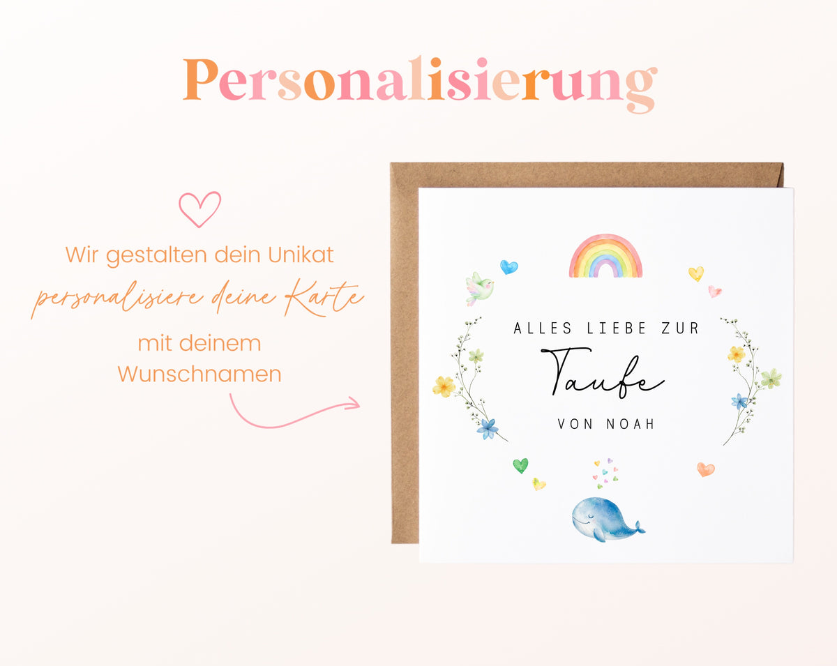Personalisierbare Taufkarte – Regenbogen und Wal – Personalisierungsbeispiel