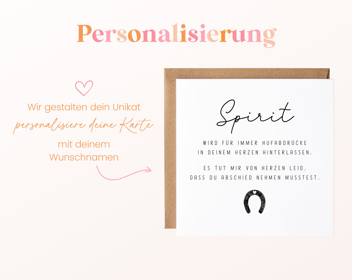 Trauerkarte für Pferd mit Wunschname – Hufeisen – Personalisierung