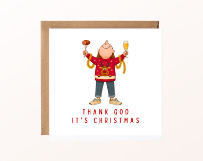 Weihnachtskarte – Thank God It's Christmas – roter Pullover