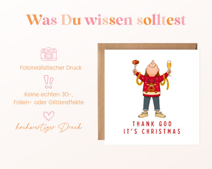 Weihnachtskarte – Thank God It's Christmas – roter Pullover