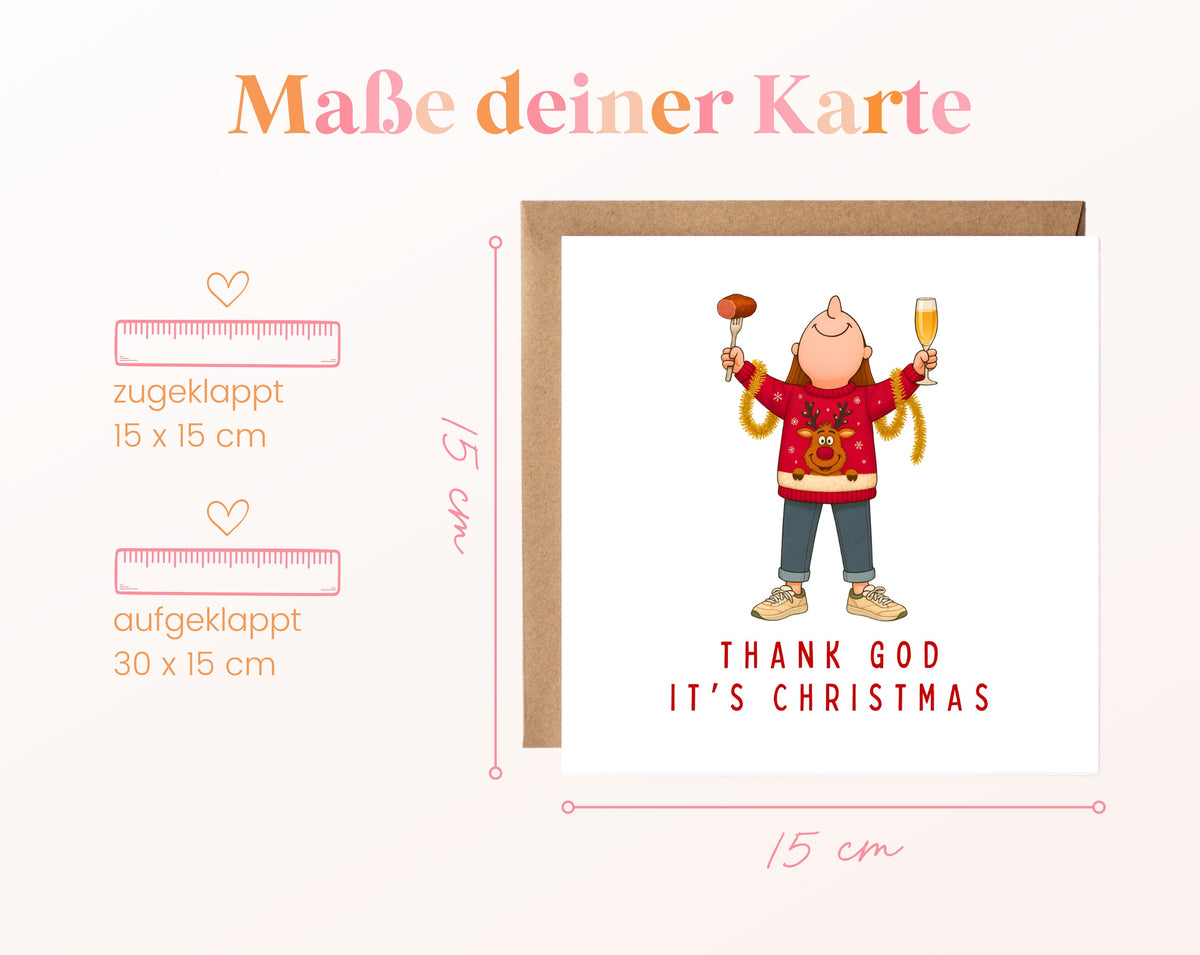 Weihnachtskarte – Thank God It's Christmas – roter Pullover