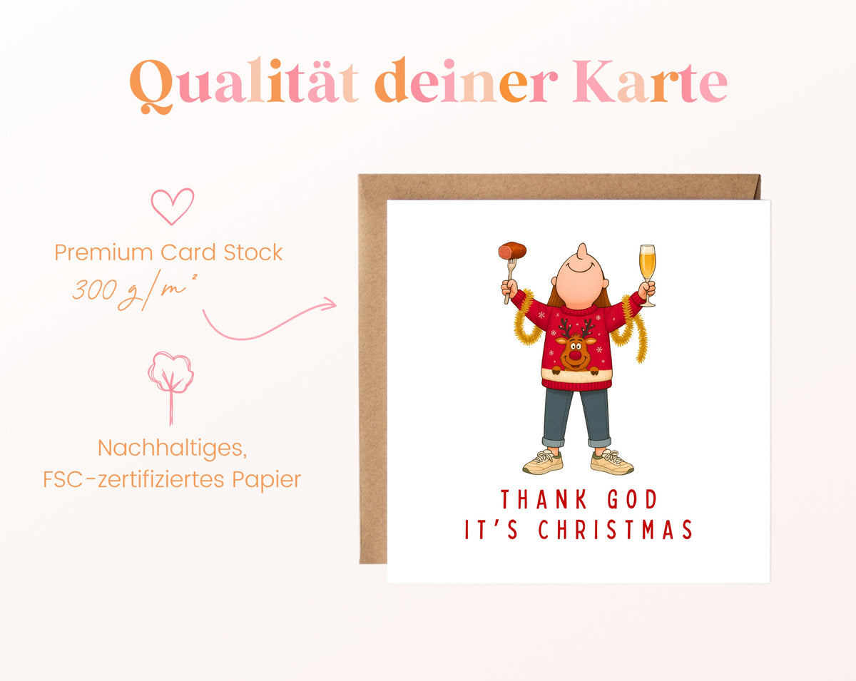 Weihnachtskarte – Thank God It's Christmas – roter Pullover