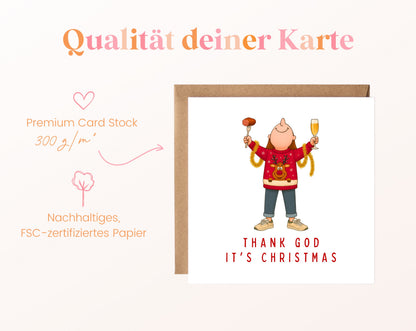 Weihnachtskarte – Thank God It's Christmas – roter Pullover