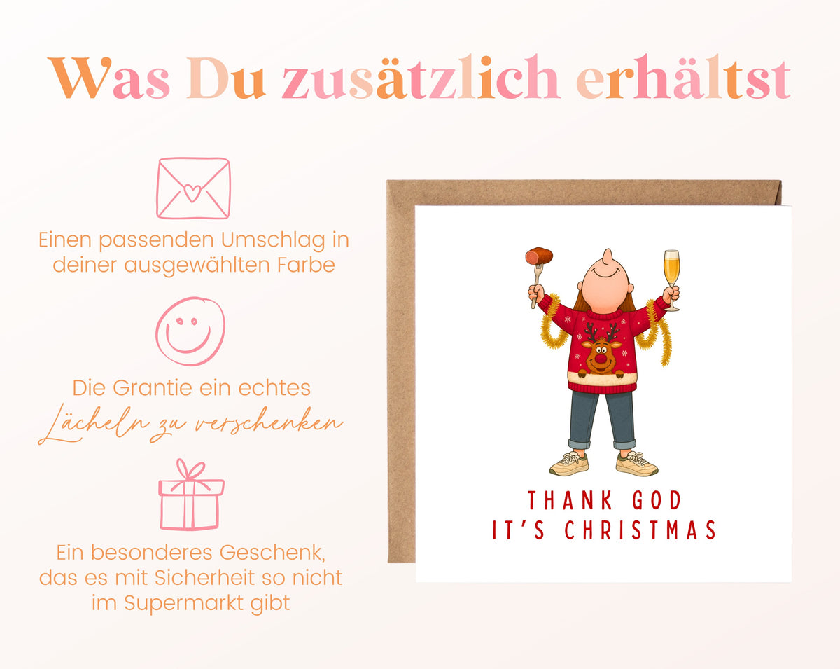 Weihnachtskarte – Thank God It's Christmas – roter Pullover