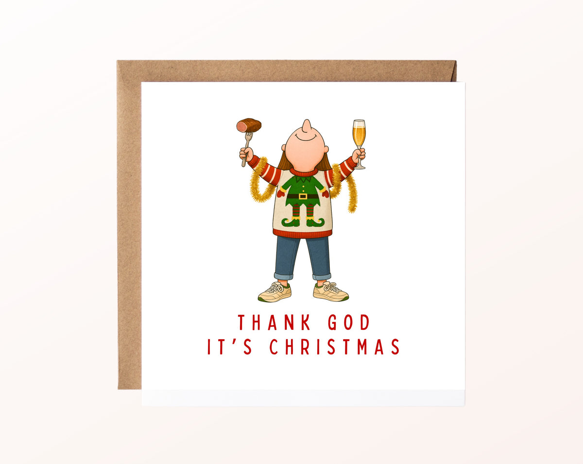 Weihnachtskarte – Thank God It's Christmas – grüner Pullover