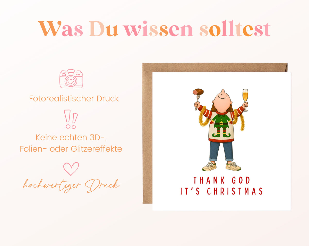 Weihnachtskarte – Thank God It's Christmas – grüner Pullover