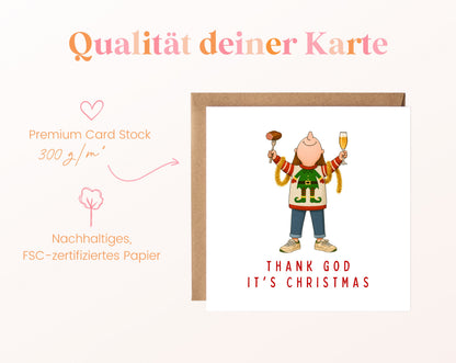 Weihnachtskarte – Thank God It's Christmas – grüner Pullover