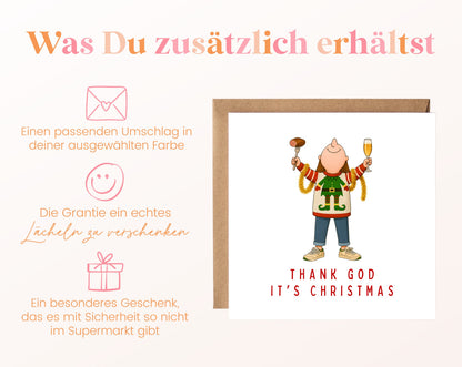 Weihnachtskarte – Thank God It's Christmas – grüner Pullover