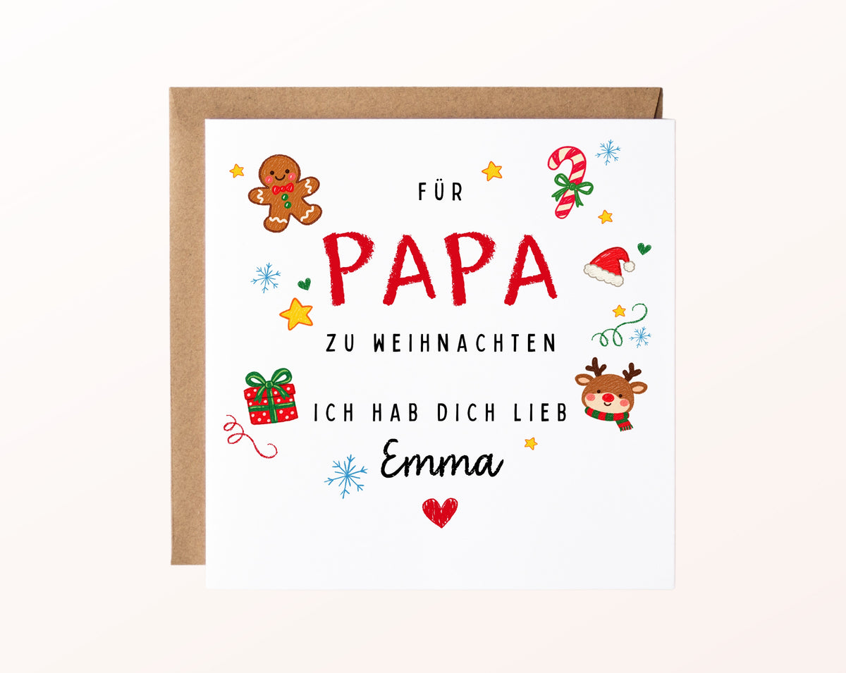 Personalisierte Weihnachtskarte für Papa mit Beispielname Emma und Umschlag