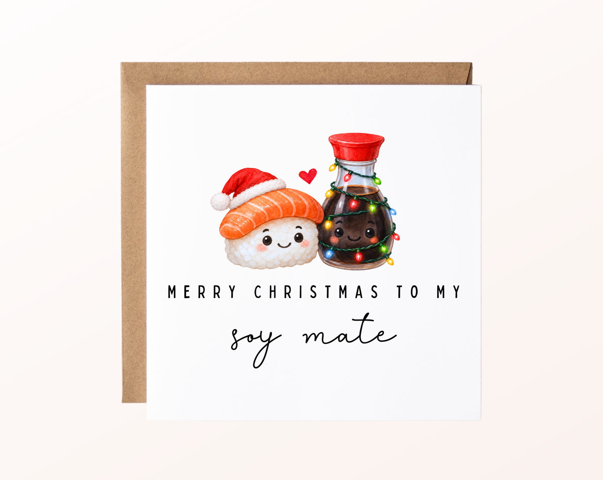 Weihnachtskarte mit Sushi, Sojasauce und dem Spruch Merry Christmas to my soy mate