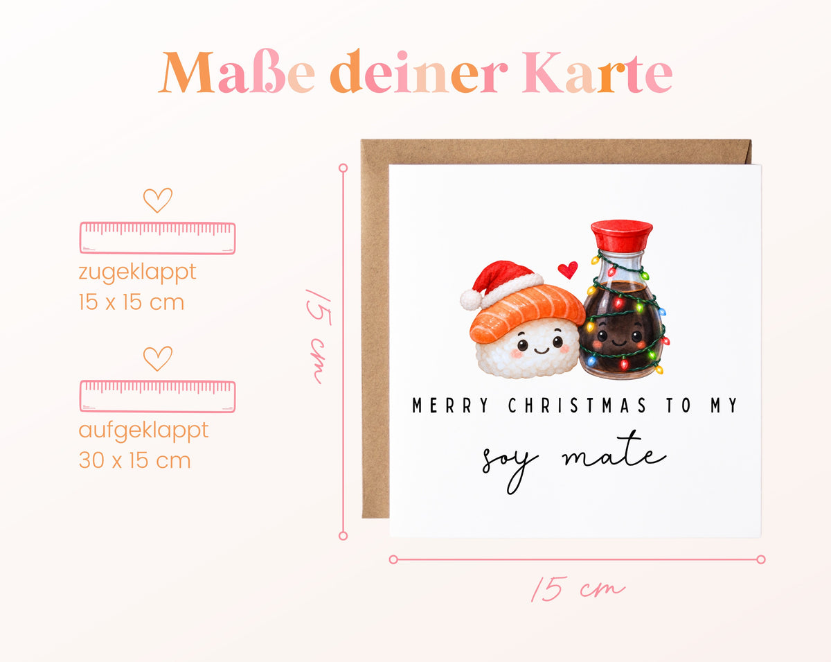 Maße der Weihnachtskarte: geschlossen 15 × 15 cm, geöffnet 30 × 15 cm