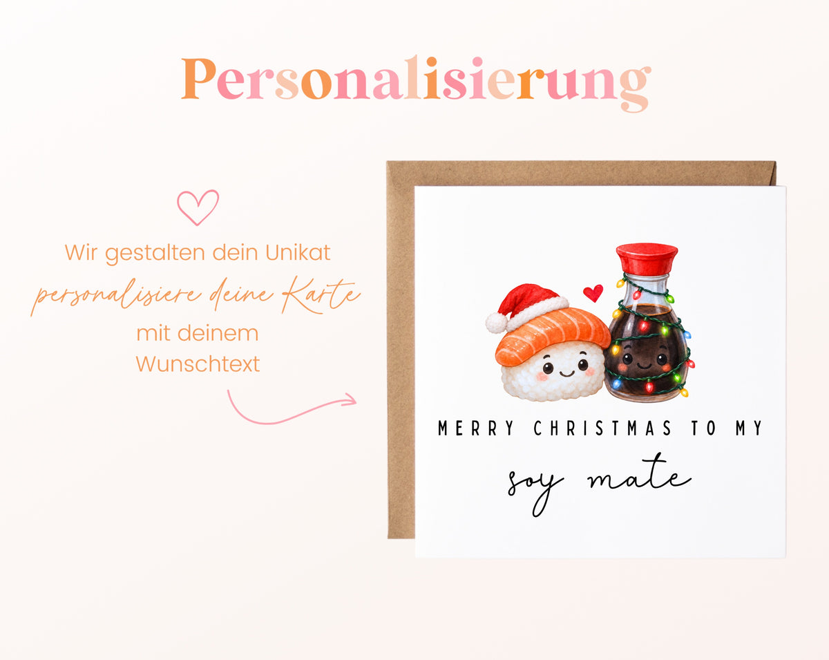 Weihnachtskarte mit optional personalisierbarem Wunschtext unter dem Sushi-Motiv
