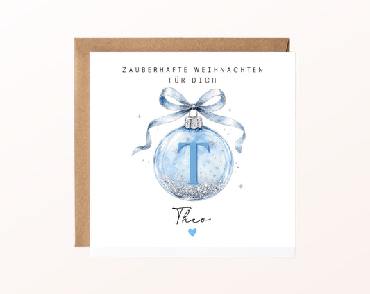 Personalisierbare Weihnachtskarte – Weihnachtskugel in Hellblau
