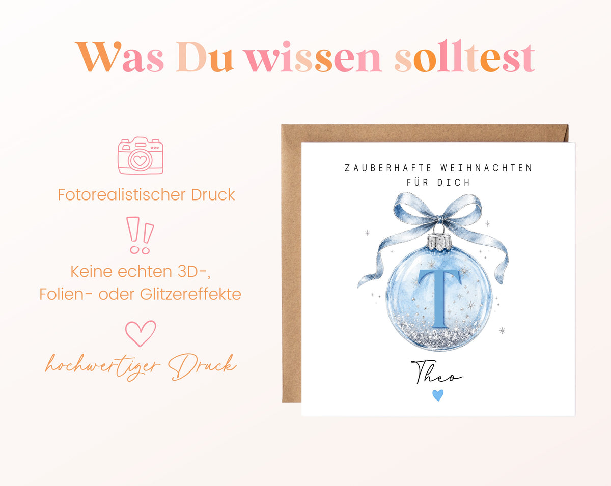 Personalisierbare Weihnachtskarte – Weihnachtskugel in Hellblau