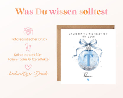Personalisierbare Weihnachtskarte – Weihnachtskugel in Hellblau