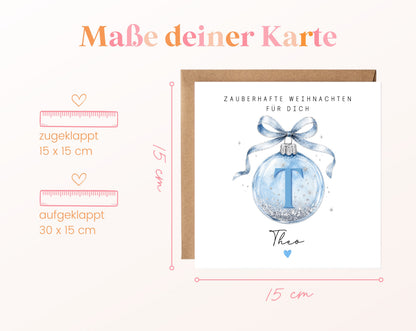 Personalisierbare Weihnachtskarte – Weihnachtskugel in Hellblau
