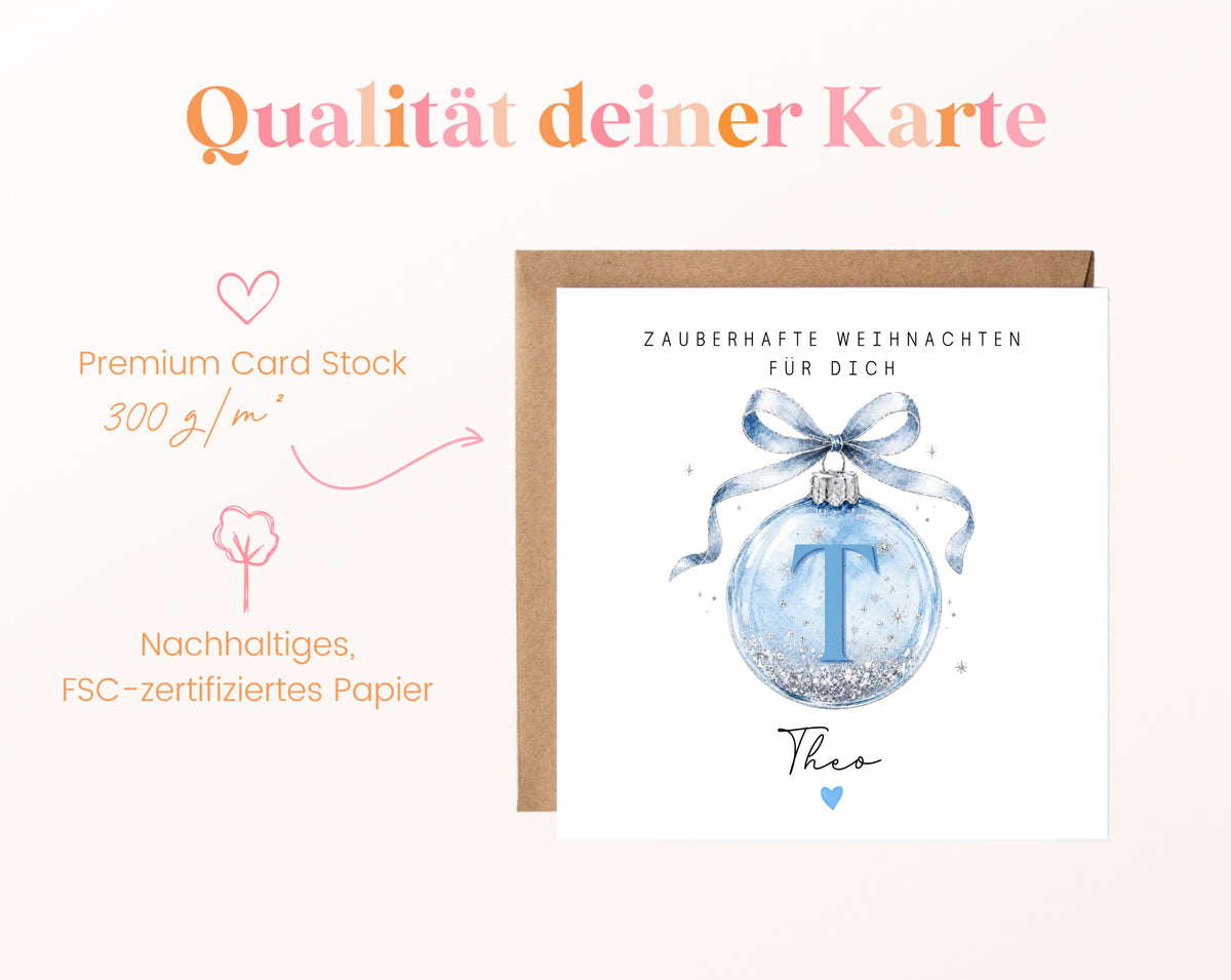 Personalisierbare Weihnachtskarte – Weihnachtskugel in Hellblau