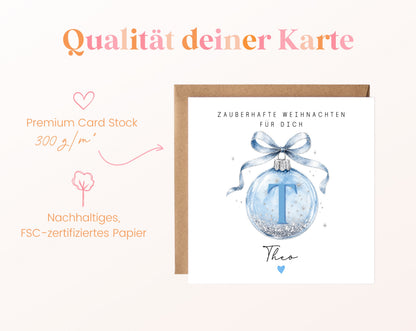 Personalisierbare Weihnachtskarte – Weihnachtskugel in Hellblau