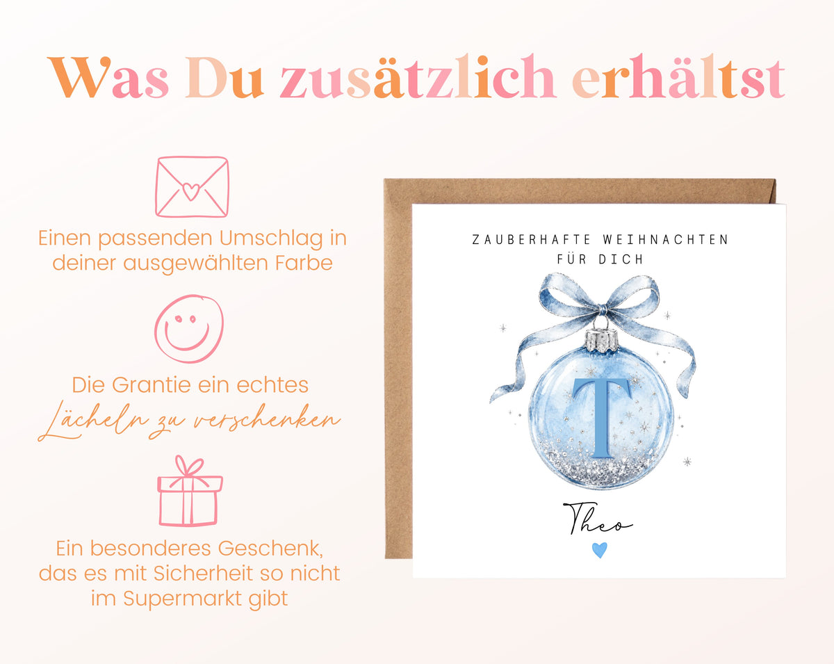 Personalisierbare Weihnachtskarte – Weihnachtskugel in Hellblau