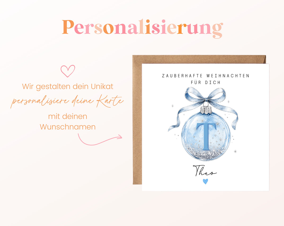 Personalisierbare Weihnachtskarte – Weihnachtskugel in Hellblau