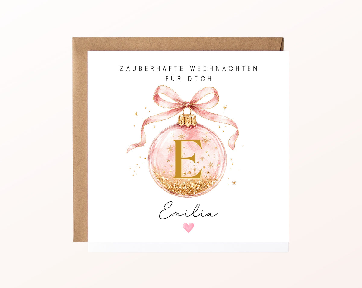 Personalisierbare Weihnachtskarte – Weihnachtskugel in Rosa
