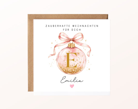 Personalisierbare Weihnachtskarte – Weihnachtskugel in Rosa