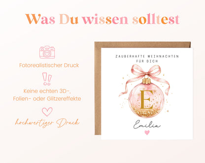 Personalisierbare Weihnachtskarte – Weihnachtskugel in Rosa