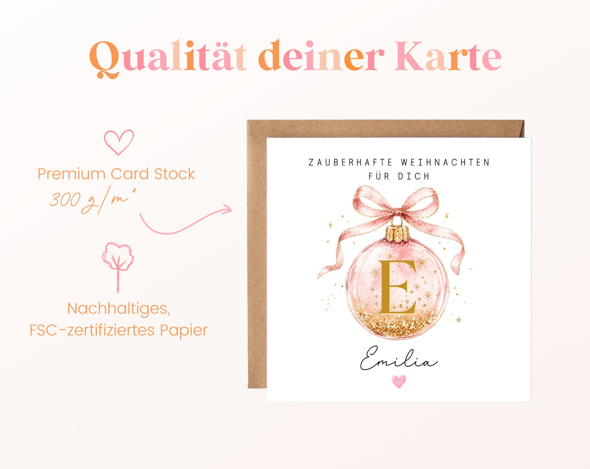 Personalisierbare Weihnachtskarte – Weihnachtskugel in Rosa