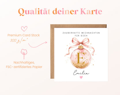 Personalisierbare Weihnachtskarte – Weihnachtskugel in Rosa