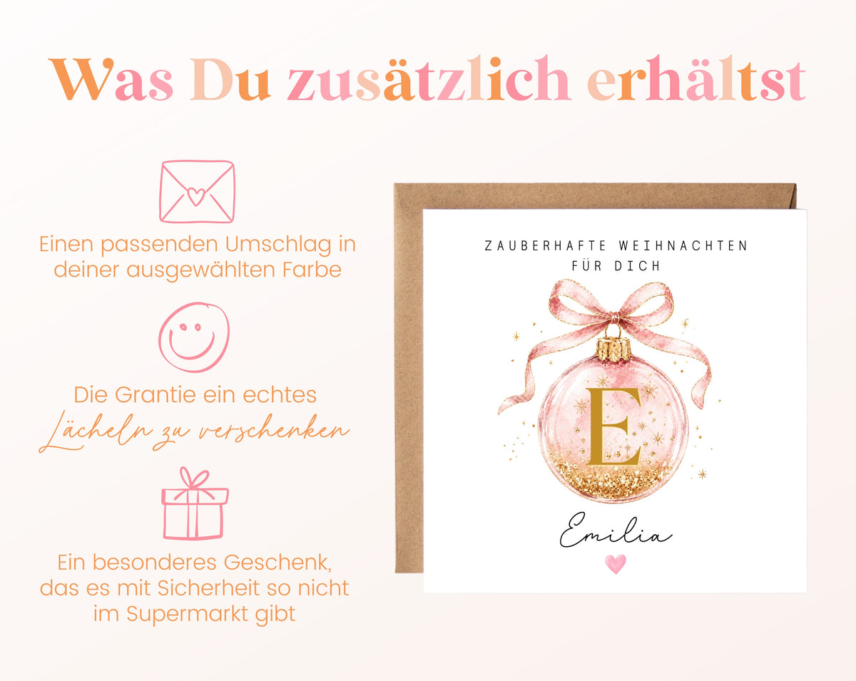Personalisierbare Weihnachtskarte – Weihnachtskugel in Rosa