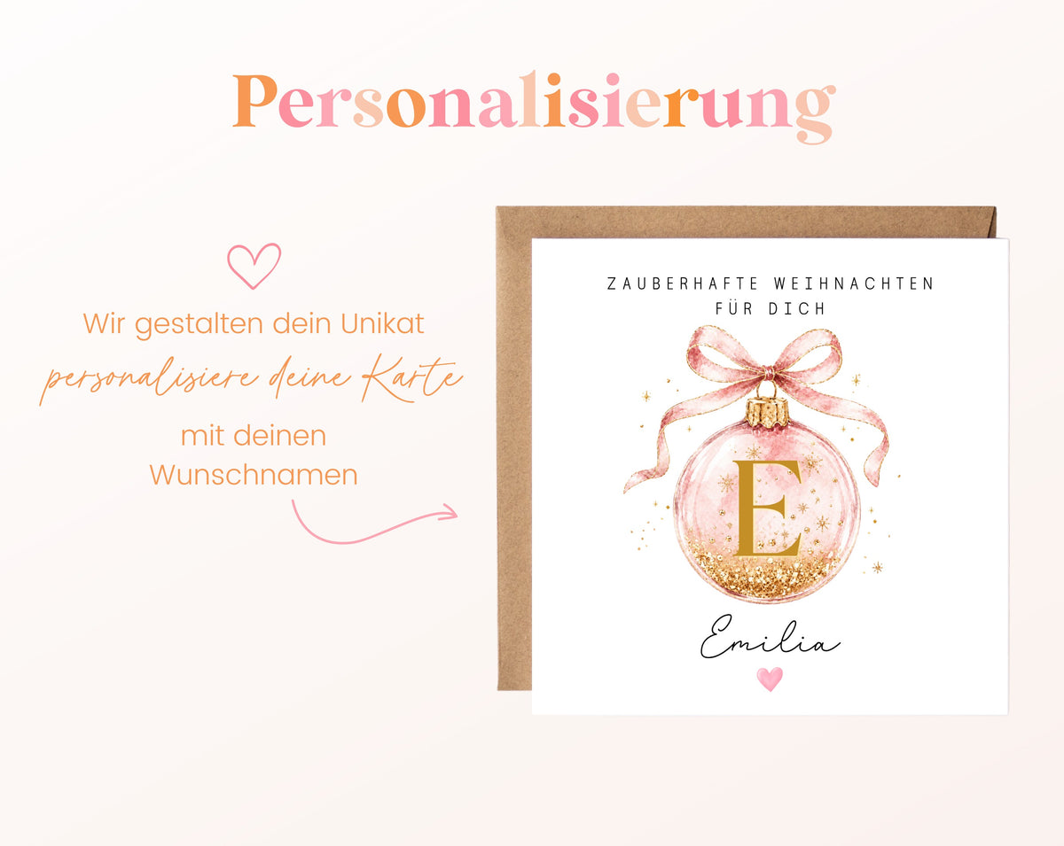 Personalisierbare Weihnachtskarte – Weihnachtskugel in Rosa