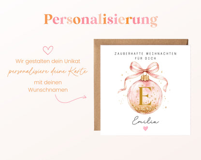 Personalisierbare Weihnachtskarte – Weihnachtskugel in Rosa
