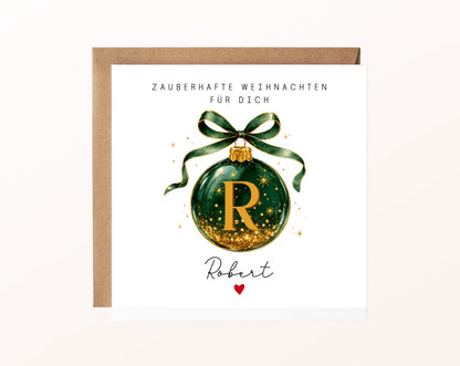Personalisierbare Weihnachtskarte – Weihnachtskugel in Dunkelgrün
