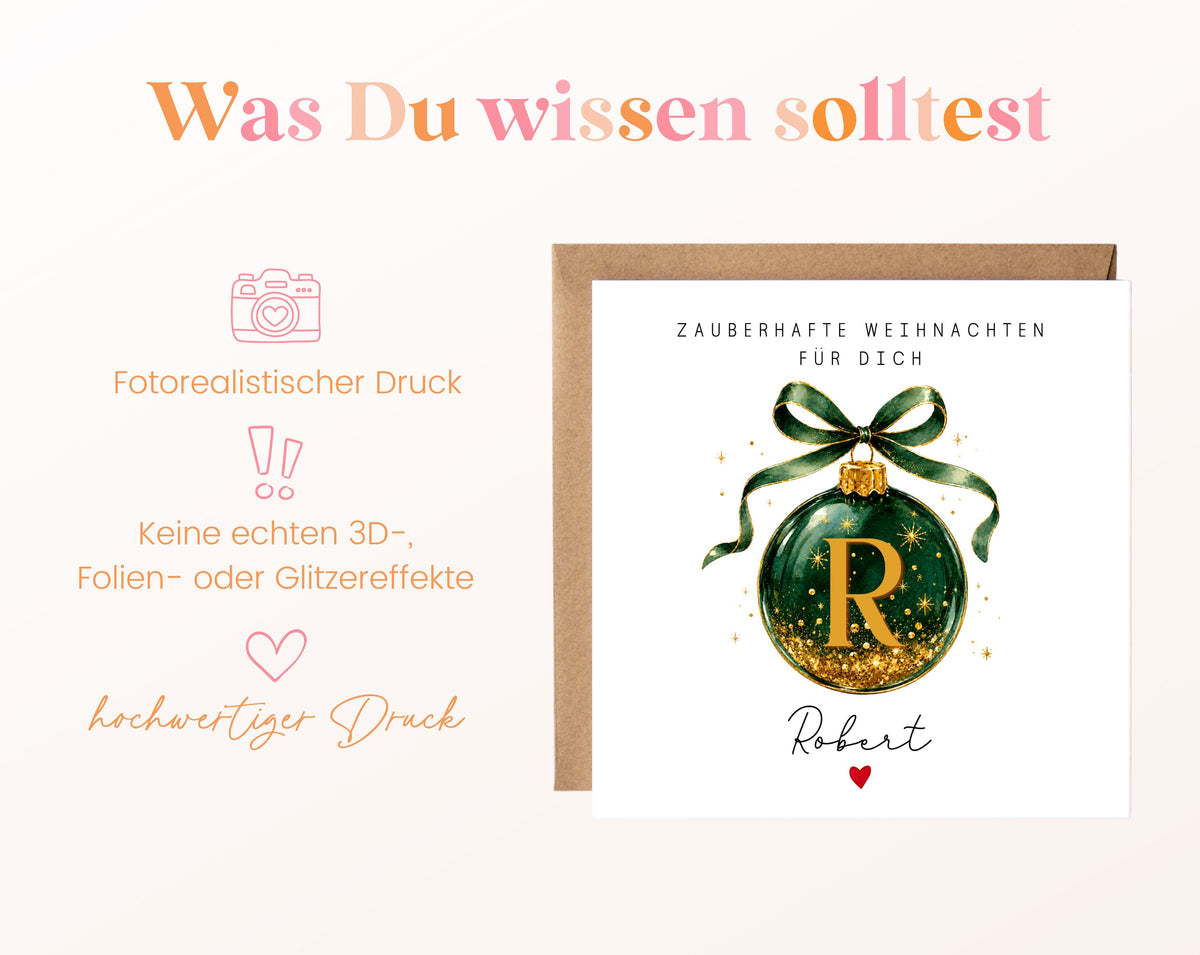 Personalisierbare Weihnachtskarte – Weihnachtskugel in Dunkelgrün