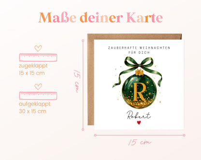 Personalisierbare Weihnachtskarte – Weihnachtskugel in Dunkelgrün