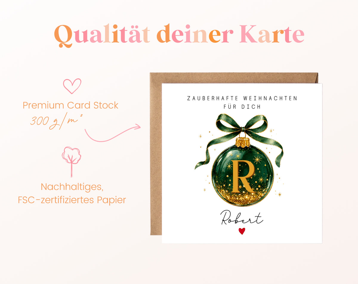 Personalisierbare Weihnachtskarte – Weihnachtskugel in Dunkelgrün