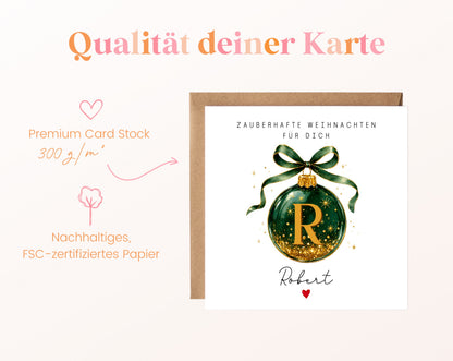 Personalisierbare Weihnachtskarte – Weihnachtskugel in Dunkelgrün