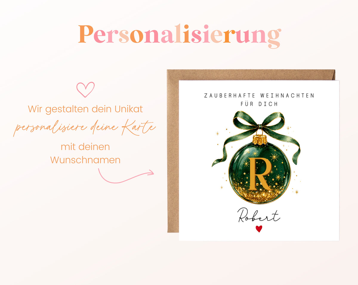 Personalisierbare Weihnachtskarte – Weihnachtskugel in Dunkelgrün