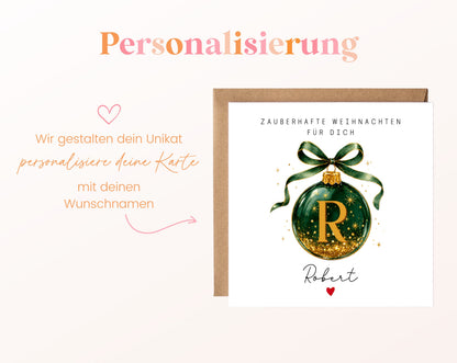Personalisierbare Weihnachtskarte – Weihnachtskugel in Dunkelgrün
