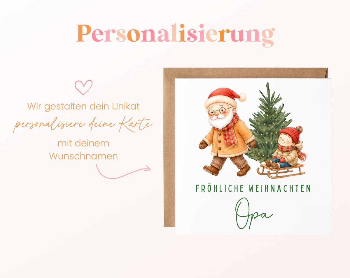 Weihnachtskarte Opa mit Enkel und Schlitten – Personalisierung mit Wunschname