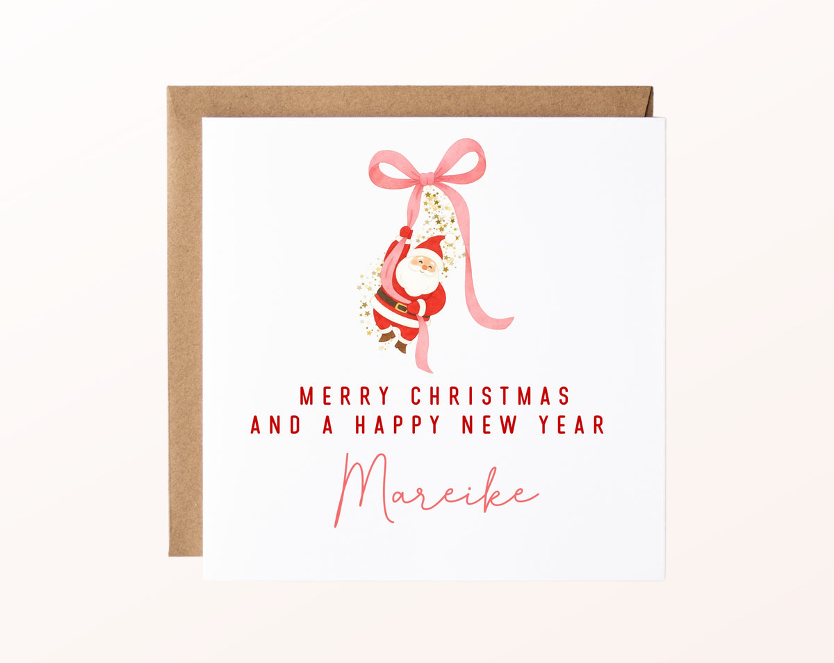 Weihnachtskarte – Weihnachtsmann an rosa Schleife – 02_karte_pur_rose