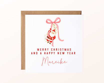 Weihnachtskarte – Weihnachtsmann an rosa Schleife – 02_karte_pur_rose