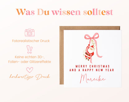 Weihnachtskarte – Weihnachtsmann an rosa Schleife – 03_wissen
