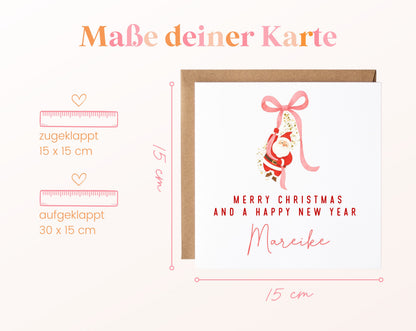 Weihnachtskarte – Weihnachtsmann an rosa Schleife – 04_masse