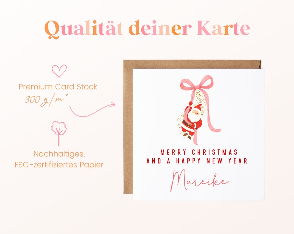 Weihnachtskarte – Weihnachtsmann an rosa Schleife – 05B_qualitaet_300