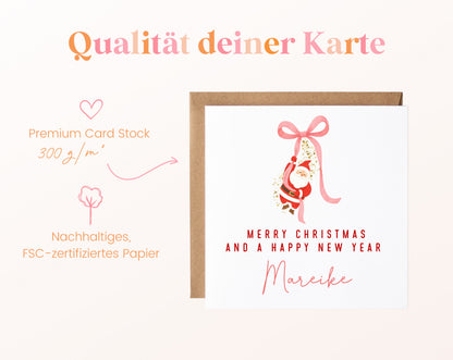 Weihnachtskarte – Weihnachtsmann an rosa Schleife – 05B_qualitaet_300