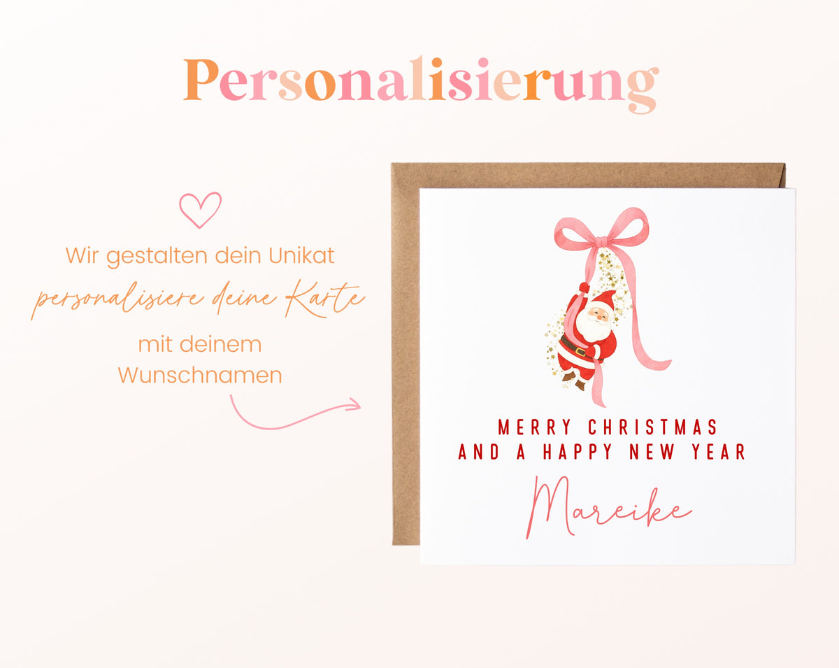 Weihnachtskarte – Weihnachtsmann an rosa Schleife – 08_perso_ein_wunschname