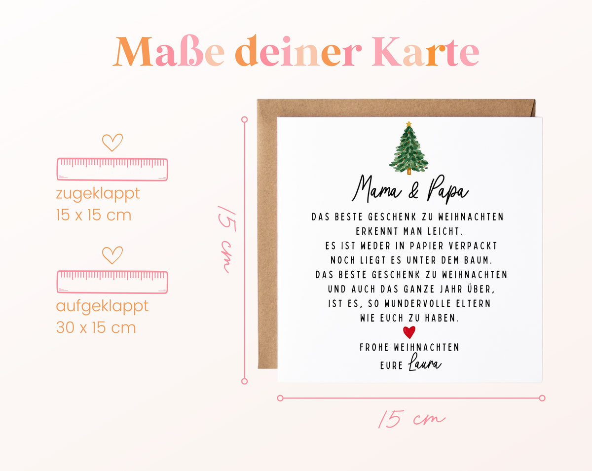 Weihnachtskarte – Das beste Geschenk: Mama & Papa – Maße der Karte